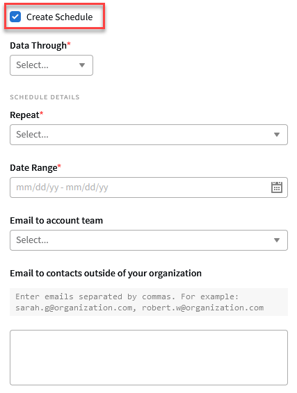 Create a report modal with Create Schedule selection highlighted